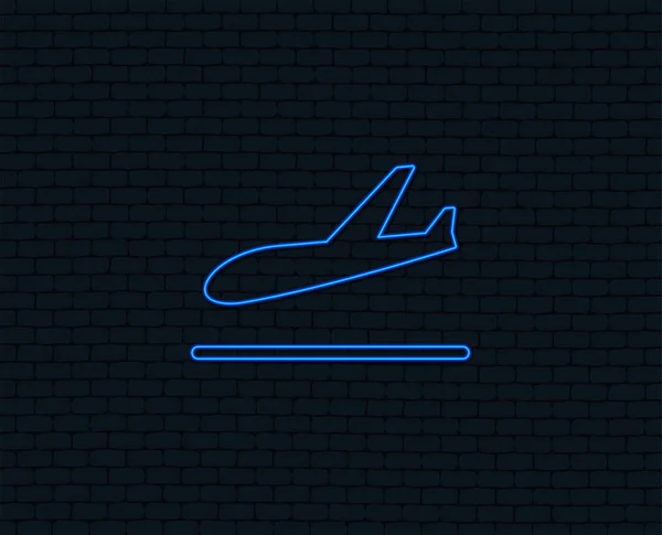 Luce Neon Icona Atterraggio Aereo Simbolo Del Trasporto Aereo Grafica — Vettoriale Stock