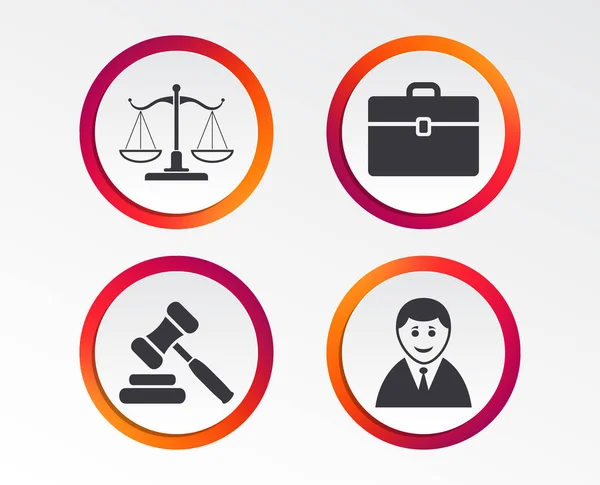 Ikone Der Gerechtigkeit Mandant Oder Anwalt Versteigerungshammer Richtergabel Gericht Infografische — Stockvektor
