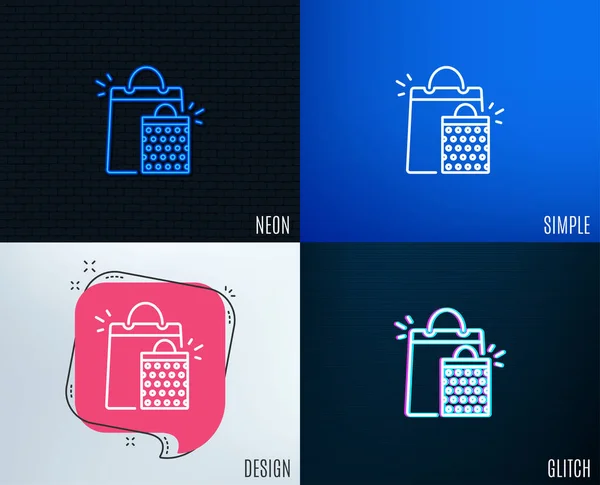 Falla Efecto Neón Conjunto Iconos Línea Bolsas Compras Venta Símbolo — Vector de stock