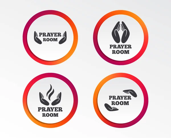 Prayer room icons. Religion priest faith symbols. Pray with hands. Infographic design buttons. Circle templates. Vector illustration.