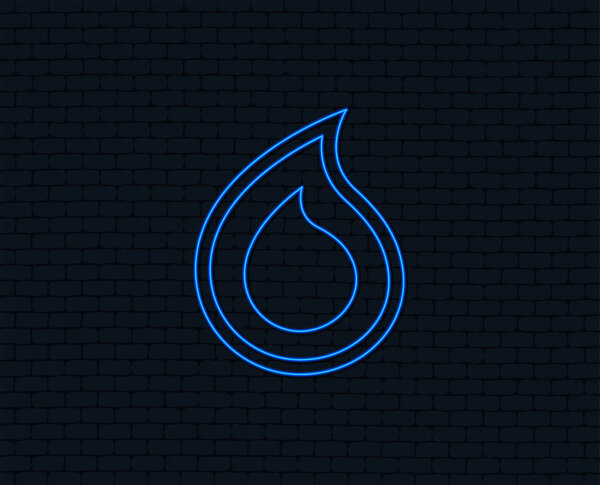 Neon light. Water drop sign icon. Tear symbol. Glowing graphic design. Brick wall. Vector illustration.