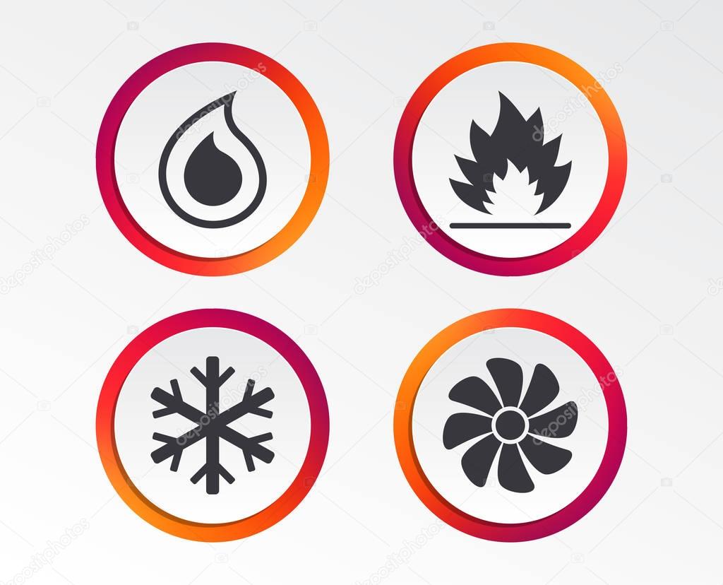 HVAC icons. Heating, ventilating and air conditioning symbols. Water supply. Climate control technology signs. Infographic design buttons. Circle templates. Vector illustration.