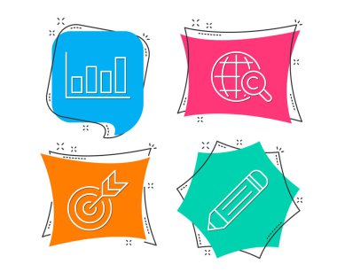 Hedef, rapor Diyagram ve uluslararası telif hakkı simgeler kümesi. Kalem işareti. Hedefleme, finansal piyasa dünya copyrighting. Vektör