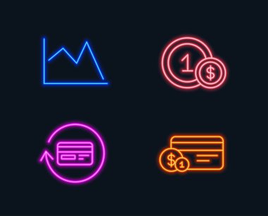Neon ışıkları. Geri ödeme Komisyonu, çizgi grafiği ve Usd simgeler paraları. Ödeme yöntemi işareti. Cashback kart, mali grafik, nakit ödeme. Parlayan grafik tasarımlar. Vektör