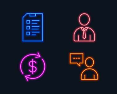 Neon ışıkları. İnsan, Usd Döviz ve denetim listesi simgeler kümesi. Kullanıcıların sohbet işareti. Kişi profili, Döviz kuru, veri listesi. İletişim kavramı. Parlayan grafik tasarımlar. Vektör