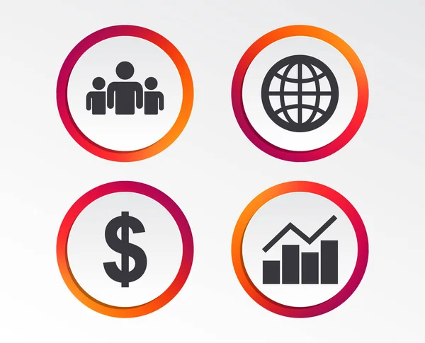 Business Icons Graph Chart Globe Signs Dollar Currency Group People — Stock Vector