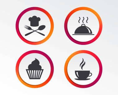 Yiyecek ve içecek simgeler. Kek cupcake sembolü. Çatal ve kaşıkla Chef şapka işareti. Sıcak kahve fincanı. Garson tabağı. Infographic tasarım düğmeleri. Daire şablonları. Vektör