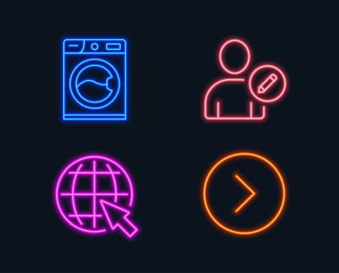 Neon ışıkları. Düzenleme kullanıcı, Internet ve yıkama makinesi simgeler kümesi. İleriye doğru işareti. Profil verileri, dünya web, Çamaşırhane servisi. Sonraki yön. Parlayan grafik tasarımlar. Vektör