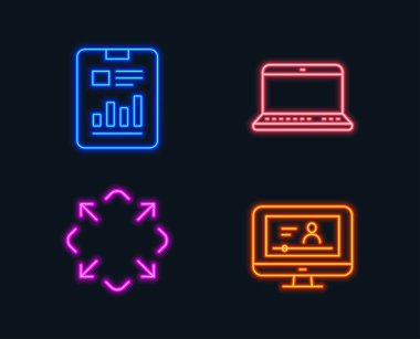 Neon ışıkları. Defter, Ekranı Kapla ve rapor belge simgeler kümesi. Online video işareti. Dizüstü bilgisayar, tam ekran, sayfa grafikler ile. Video sınav. Parlayan grafik tasarımlar. Vektör