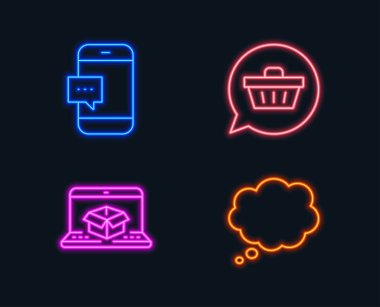 Neon ışıkları. Alışveriş sepeti, vektör çizim seti