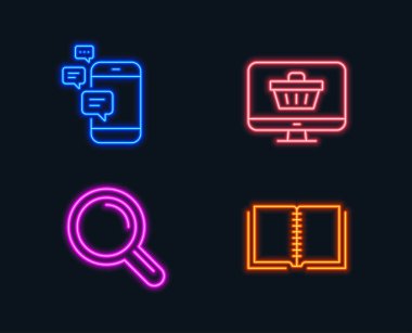 Neon ışıkları. İletişim, araştırma ve Web Dükkanı simgeler kümesi. Kitap işareti. Akıllı telefon mesajları, Büyüteç camı, alışveriş sepeti. E-öğrenme kursu. Parlayan grafik tasarımlar. Vektör