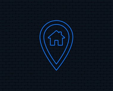 Neon ışık. Harita işaretçi ev işareti simgesi. Ev yer işareti sembolü. Grafik tasarım parlayan. Tuğla duvar. Vektör