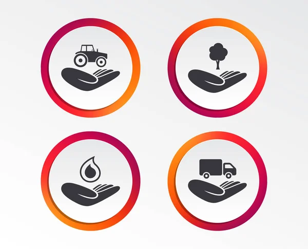 Pomaganie Ręce Ikony Ciągnika Rolniczego Ubezpieczenia Symbol Dostawy Samochodów Ciężarowych — Wektor stockowy
