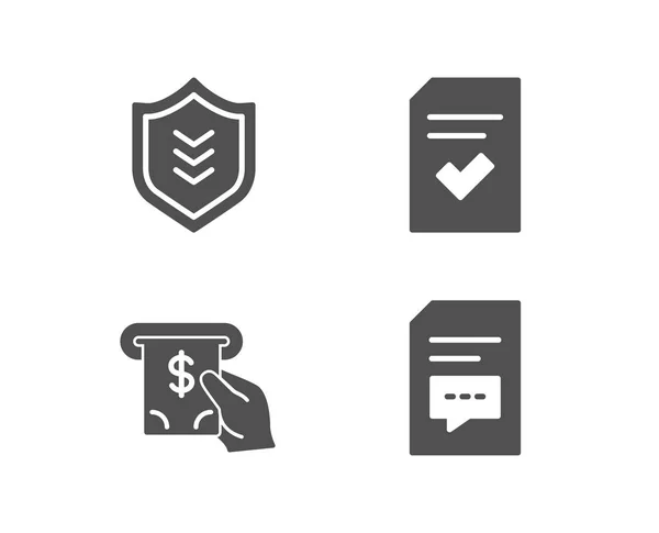 Conjunto Iconos Servicio Cajero Automático Escudo Archivo Comprobado Signo Comentarios — Vector de stock