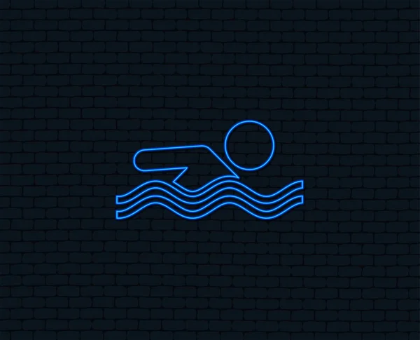 Neon Light Ikona Znak Pływanie Basenie Pływać Symbol Fala Świecące — Wektor stockowy