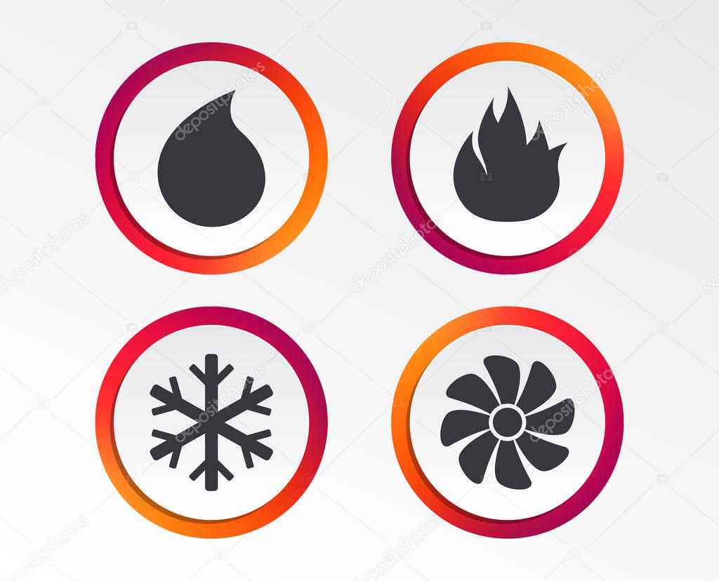 HVAC icons. Heating, ventilating and air conditioning symbols. Water supply. Climate control technology signs. Infographic design buttons. Circle templates. Vector