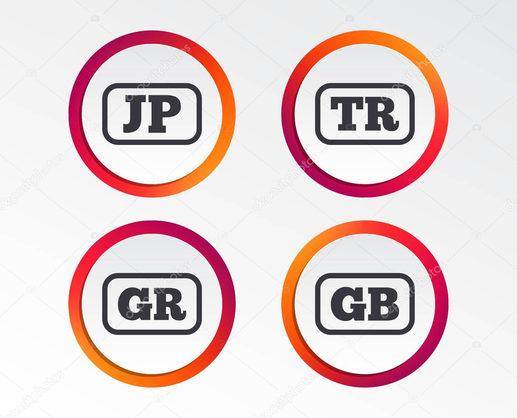 Language icons. JP, TR, GR and GB translation symbols. Japan, Turkey, Greece and England languages. Infographic design buttons. Circle templates. Vector