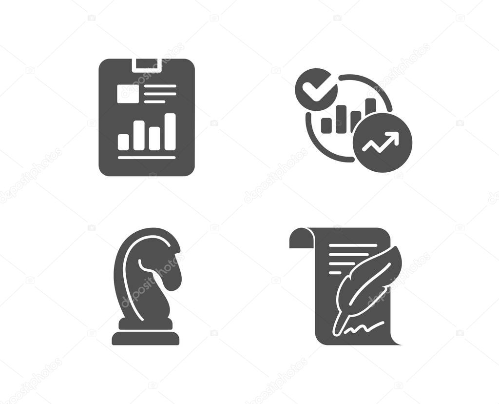 Set of Marketing strategy, Report document and Statistics icons. Feather sign. Chess knight, Page with charts, Report charts. Copyright page.  Quality design elements. Classic style. Vector
