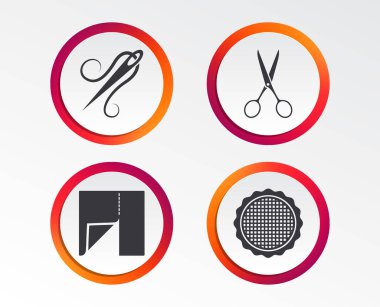 Tekstil kumaş parçası simgesi. Makas Kuaför sembolü. İş parçacığıyla iğne. Terzi sembolü. Bezler, nakış için. Infographic tasarım düğmeleri. Daire şablonları. Vektör