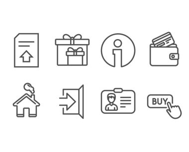 Çıkış, dağıtım kutuları ve kimlik kartı simgeler kümesi. Banka kartı, karşıya yükleme dosyasını ve Buy işaret düğme. Kaçış, doğum günü hediyeleri, kişi belge. Belgeyi, alışveriş online yükleyin. Vektör