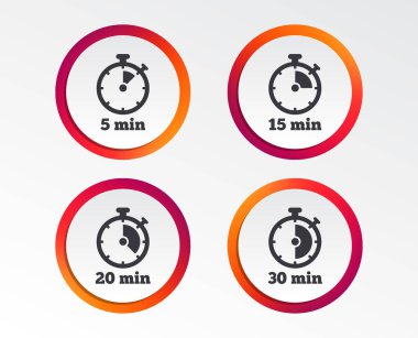 Zamanlayıcı simgeler. Kronometre sembolleri 5, 15, 20 ve 30 dakika. Infographic tasarım düğmeleri. Daire şablonları. Vektör