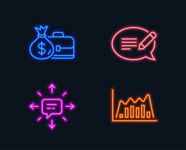 Neon ışıkları. İleti, maaş ve Sms simgeler kümesi. Infographic grafik işareti. Konuşma balonu, Diplomat ile para çantası, konuşma. Satır diyagramı. Parlayan grafik tasarımlar. Vektör