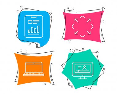 Defter, Ekranı Kapla ve rapor belge simgeler kümesi. Online video işareti. Dizüstü bilgisayar, tam ekran, sayfa grafikler ile. Video sınav. Düz geometrik renkli Etiketler. Canlı afiş. Modern grafik tasarım