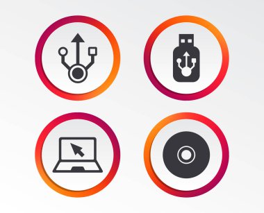 USB birden parlamak götürmek kutsal kişilerin resmi. Defter ya da Laptop pc sembol. CD veya Dvd işareti. CD. Infographic tasarım düğmeleri. Daire şablonları. Vektör