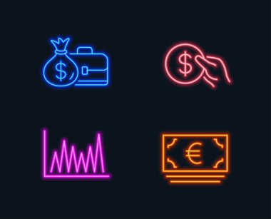 Neon ışıkları. Ödeme, maaş ve çizgi grafik simgeler kümesi. Euro para birimi simgesi. USD para, para çantasını, Pazar diyagramı Diplomat. EUR bankacılık. Parlayan grafik tasarımlar. Vektör