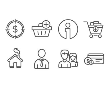 Doları hedef, Ekle ürünleri ve insan simgeler kümesi. Satınalma, çift ve ödeme yöntemi işaretleri ekleyin. Usd, alışveriş sepeti, kişi profili ile nişan al. Vektör
