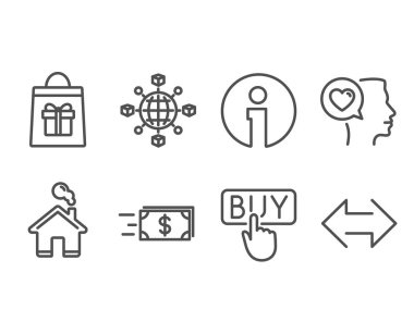 Lojistik ağı, tatil alışveriş ve para transferi simgeler kümesi. Romantik konuşmak, satın alma ve işaretler eşitleyin. Uluslararası izleme, hediye çanta, nakit teslimat. Vektör