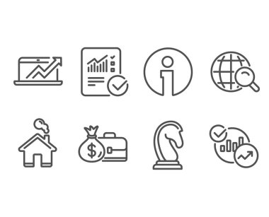 Pazarlama stratejisi, satış diyagramı ve kontrol hesaplama simgeler kümesi. Maaş, Internet arama ve istatistik işaretler. Satranç knight, satış büyüme grafiği, istatistiksel veri. Vektör