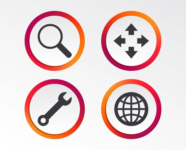 Magnifier Glass Globe Search Icons Fullscreen Arrows Wrench Key Repair — Stock Vector