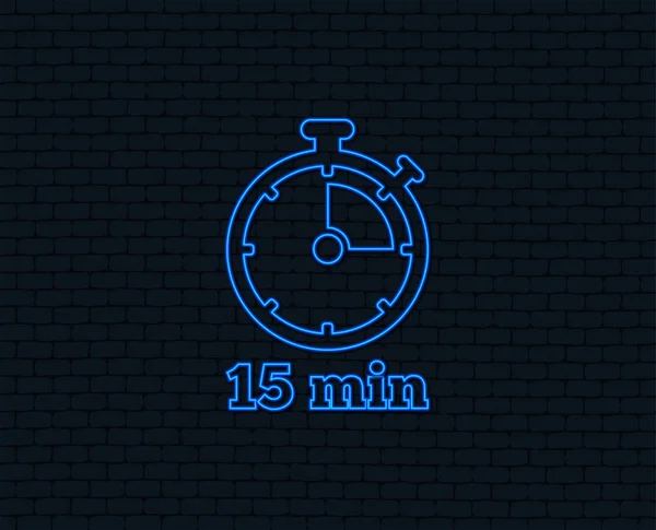 霓虹灯 定时器符号图标 15分钟秒表符号 发光的平面设计 — 图库矢量图片