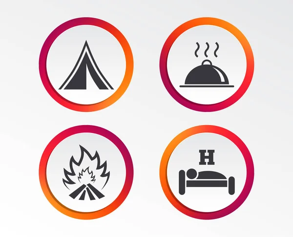 Hot Food Sleep Camping Tent Fire Icons Hotel Bed Breakfast — Stock Vector