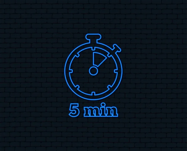 霓虹灯 定时器符号图标 5分钟秒表符号 发光的平面设计 — 图库矢量图片