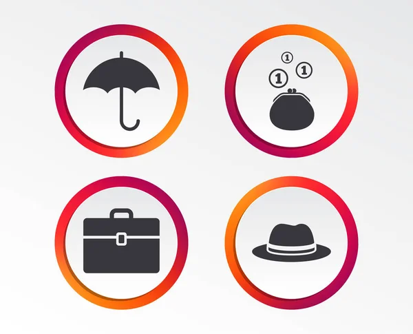 Accessoires Vêtements Icônes Parapluie Coiffe Signes Chapeau Portefeuille Avec Pièces — Image vectorielle
