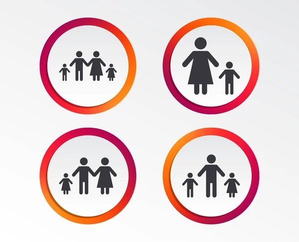 有两个孩子的家庭图标 父母和孩子的符号 单亲家庭标志 母亲和父亲离婚 图表设计按钮 圆形模板 — 图库矢量图片