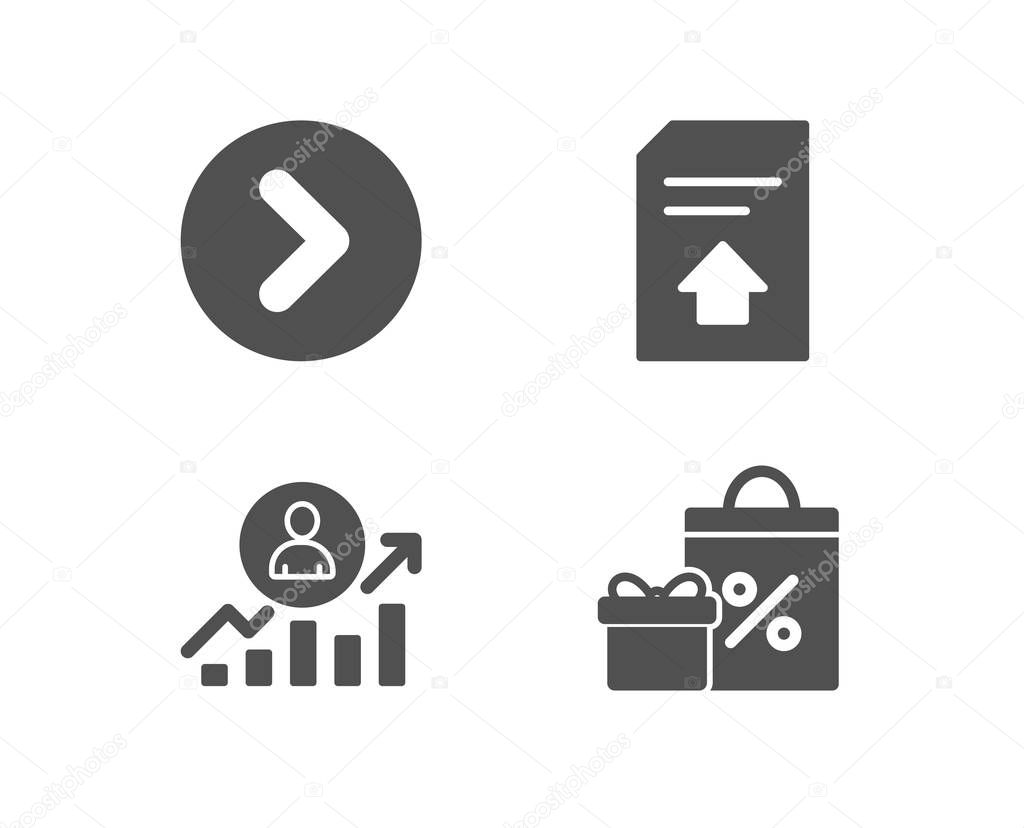 Set of Upload file, Forward and Career ladder icons. Shopping sign. Load document, Next direction, Manager results. Gifts and sales.  Quality design elements. Classic style. Vector