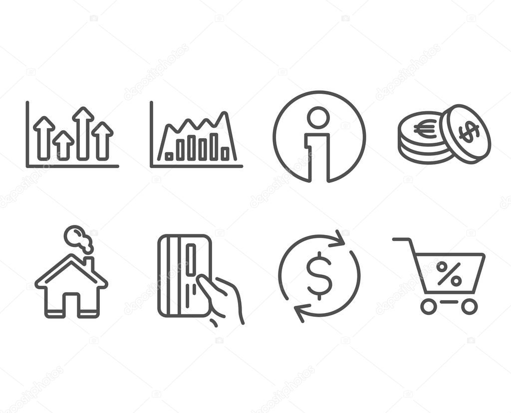 Set of Dollar exchange, Payment card and Upper arrows icons. Infographic graph, Savings and Special offer signs. Banking rates, Credit card, Growth infochart. Line diagram, Cash coins, Discounts