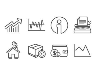 Set of stock analysis, delivery timer and typewriter icons on white background clipart
