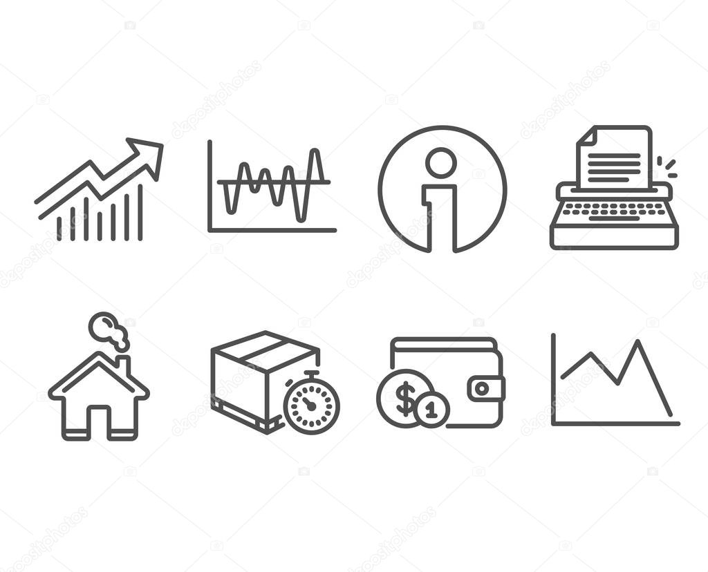 Set of stock analysis, delivery timer and typewriter icons on white background