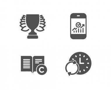 Kazanan, opyright ve Smartphone istatistikleri simgeler kümesi. Zaman işareti güncelleştirin. Spor başarı, Copywriting kitap, mobil iş. Saat yenileyin. Kalite tasarım öğeleri. Klasik stili.