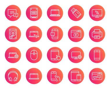 Hareket eden aygıt hattı simgeler. Dizüstü bilgisayar, Tablet Pc ve Smartphone işaretleri kümesi. HDD, Ssd ve birden parlamak götürmek. Kulaklık, yazıcı ve fare sembolleri. Sohbet konuşma balonları. Trendy degrade daire düğmeleri. Vektör
