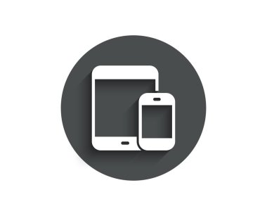 Hareket eden aygıt simgesi. Smartphone ve Tablet Pc işaretler. Dokunmatik ekran gadget sembolleri. Circle gölge ile düz düğme. Vektör