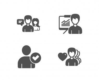 Konuşurken halkı ayarla, sunum ve kimlik simgeler doğruladı. Adam aşk işareti. Hizmet, eğitim kurulu, onaylanmış kişi başvurun. Romantik insanlar. Kalite tasarım öğeleri. Klasik tarzı. Vektör