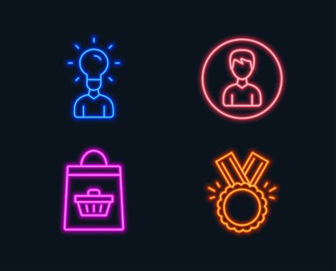 Neon ışıkları. Eğitim, Online satın alma ve kişi simgeler kümesi. İşareti onur. Fikir insan, alışveriş sepeti, profili Düzenle. Madalya. Parlayan grafik tasarımlar. Vektör