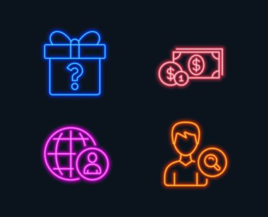 Neon ışıkları. Dolar para, Uluslararası işe alım ve gizli hediye simgeler kümesi. Arama insanlar işareti. Nakit paralar, dünya iş, bilinmeyen paket. Profili bulun. Parlayan grafik tasarımlar. Vektör