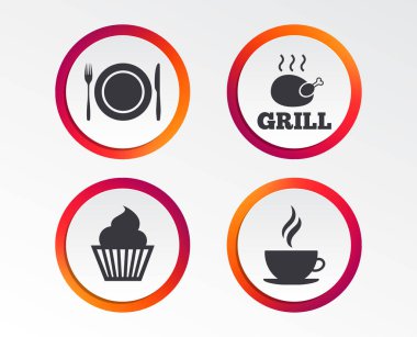 Yiyecek ve içecek simgeler. Kek cupcake sembolü. Tabak çanak çatal ve bıçak işareti ile. Sıcak kahve fincanı. Infographic tasarım düğmeleri. Daire şablonları. Vektör