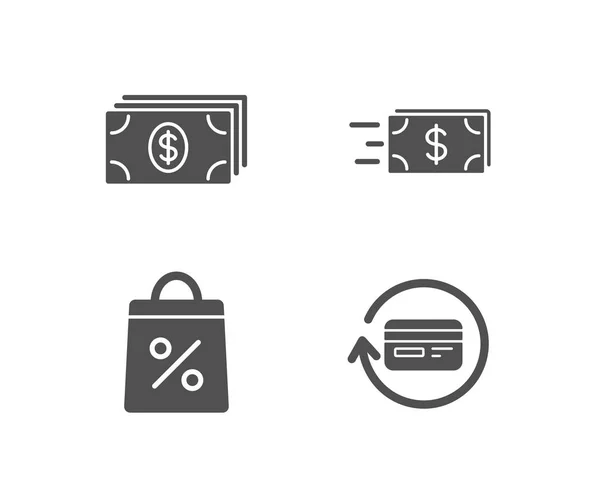 Set Von Banksymbolen Einkaufstaschen Und Geldüberweisungen Rückerstattung Provision Zeichen Geldzahlung — Stockvektor
